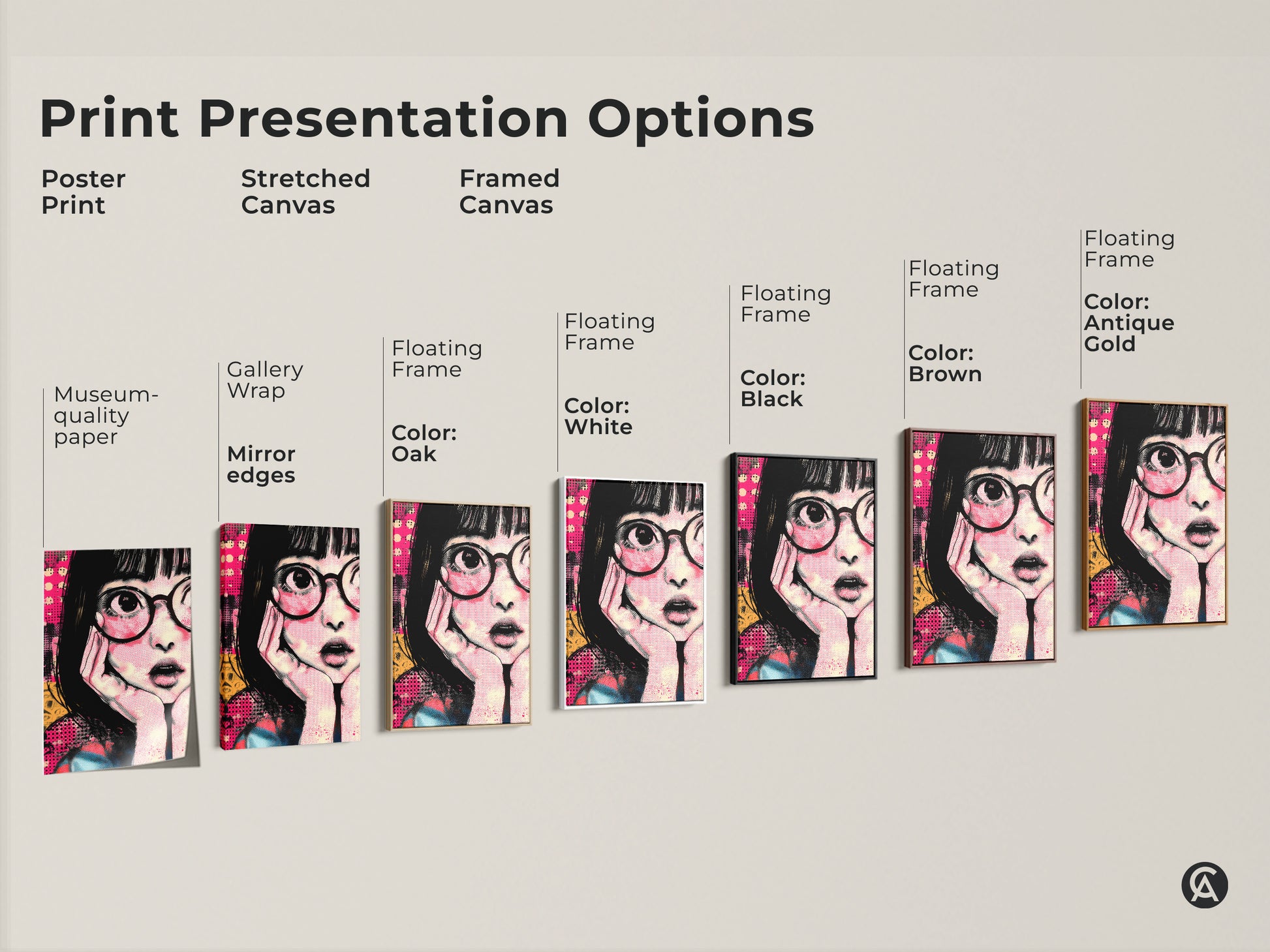 Print presentation options featuring anime girl art. Choose from poster print stretched canvas and framed canvas options. Find the perfect style for your retro pop art canvas. The hot pink and yellow artwork is a unique gift. Elevate your eclectic bedroom decor today with unique art.