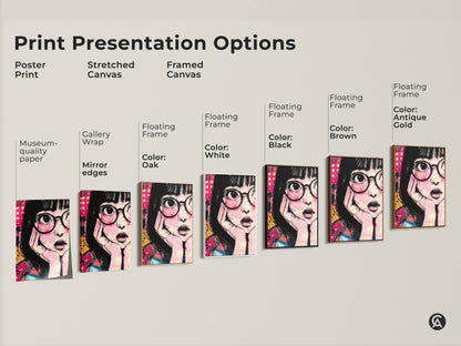 Print presentation options featuring anime girl art. Choose from poster print stretched canvas and framed canvas options. Find the perfect style for your retro pop art canvas. The hot pink and yellow artwork is a unique gift. Elevate your eclectic bedroom decor today with unique art.