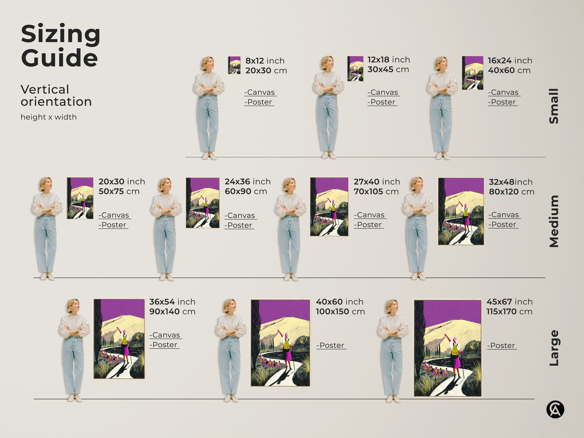 Sizing guide for vertical orientation hiking art prints. Canvas and poster options are available in small medium and large sizes. Find the perfect fit for your space with this boho mountain landscape canvas art. A unique gift for travelers.