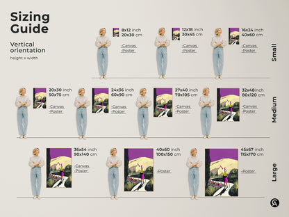 Sizing guide for vertical orientation hiking art prints. Canvas and poster options are available in small medium and large sizes. Find the perfect fit for your space with this boho mountain landscape canvas art. A unique gift for travelers.