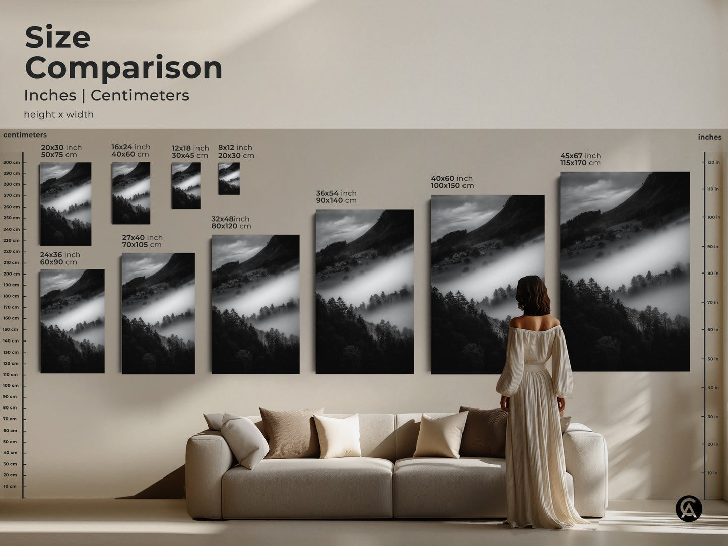 Size comparison of monochrome mountain art prints. See how the black and white landscape looks in various sizes. Options include 16x24 inch and 45x67 inch canvas prints. Visualize this foggy village print in your living space.