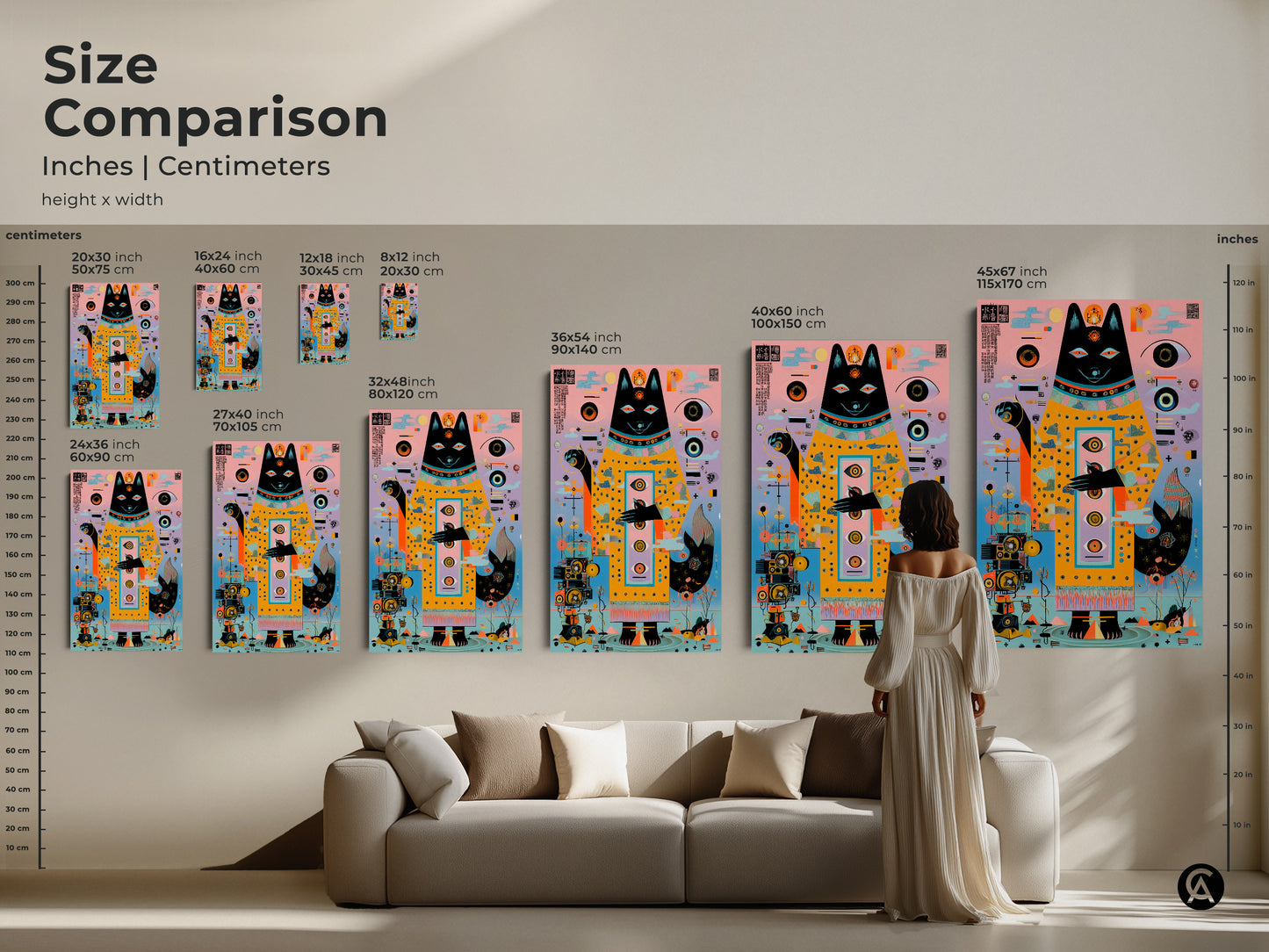 Size comparison of abstract geometric dog artwork. See the inches and centimeters sizes. The surreal dog spirit canvas print stands above a couch. Visualize different sizes for the eclectic home office art.