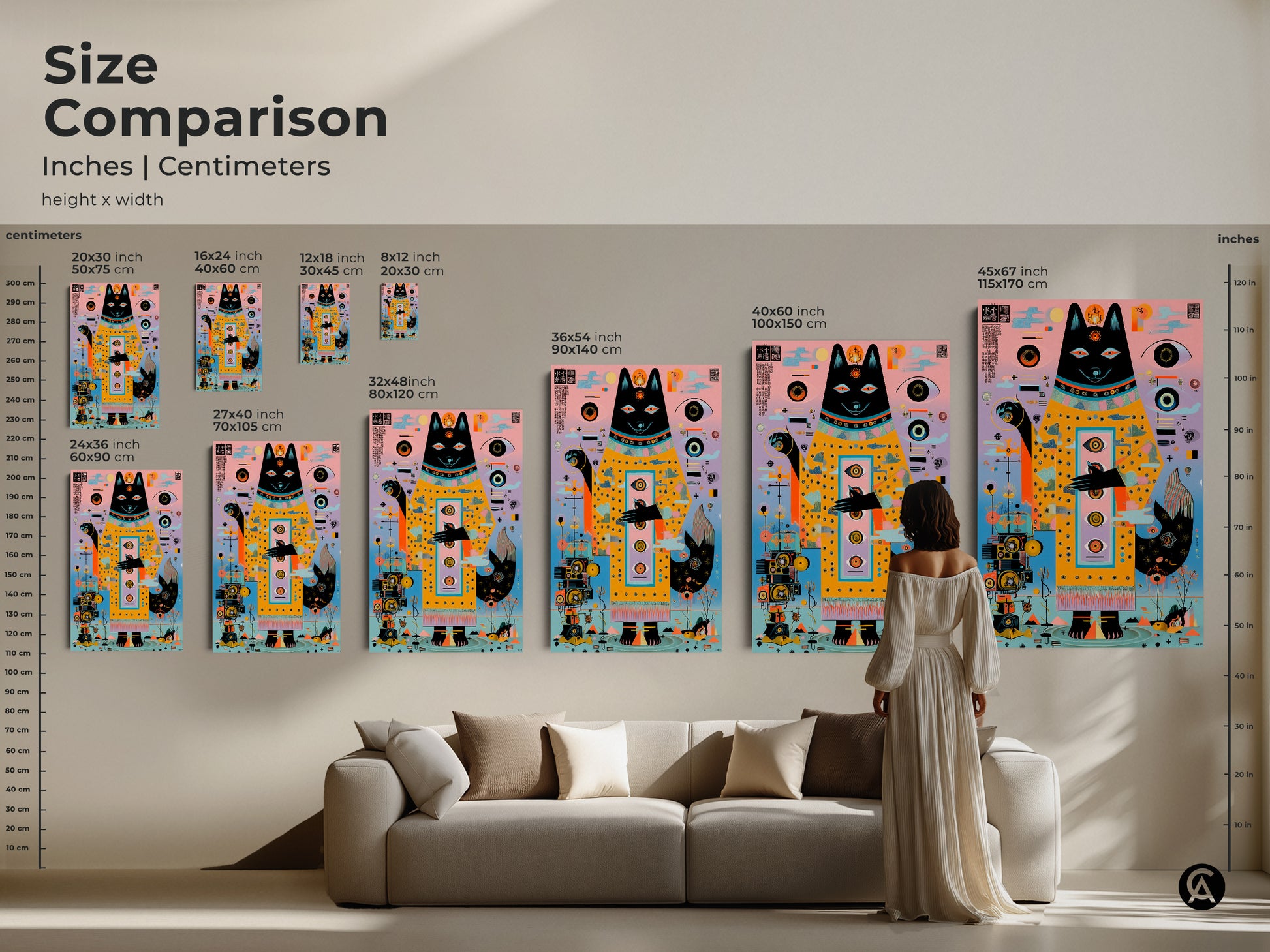 Size comparison of abstract geometric dog artwork. See the inches and centimeters sizes. The surreal dog spirit canvas print stands above a couch. Visualize different sizes for the eclectic home office art.