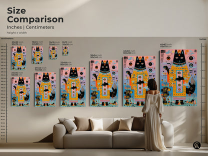 Size comparison of abstract geometric dog artwork. See the inches and centimeters sizes. The surreal dog spirit canvas print stands above a couch. Visualize different sizes for the eclectic home office art.