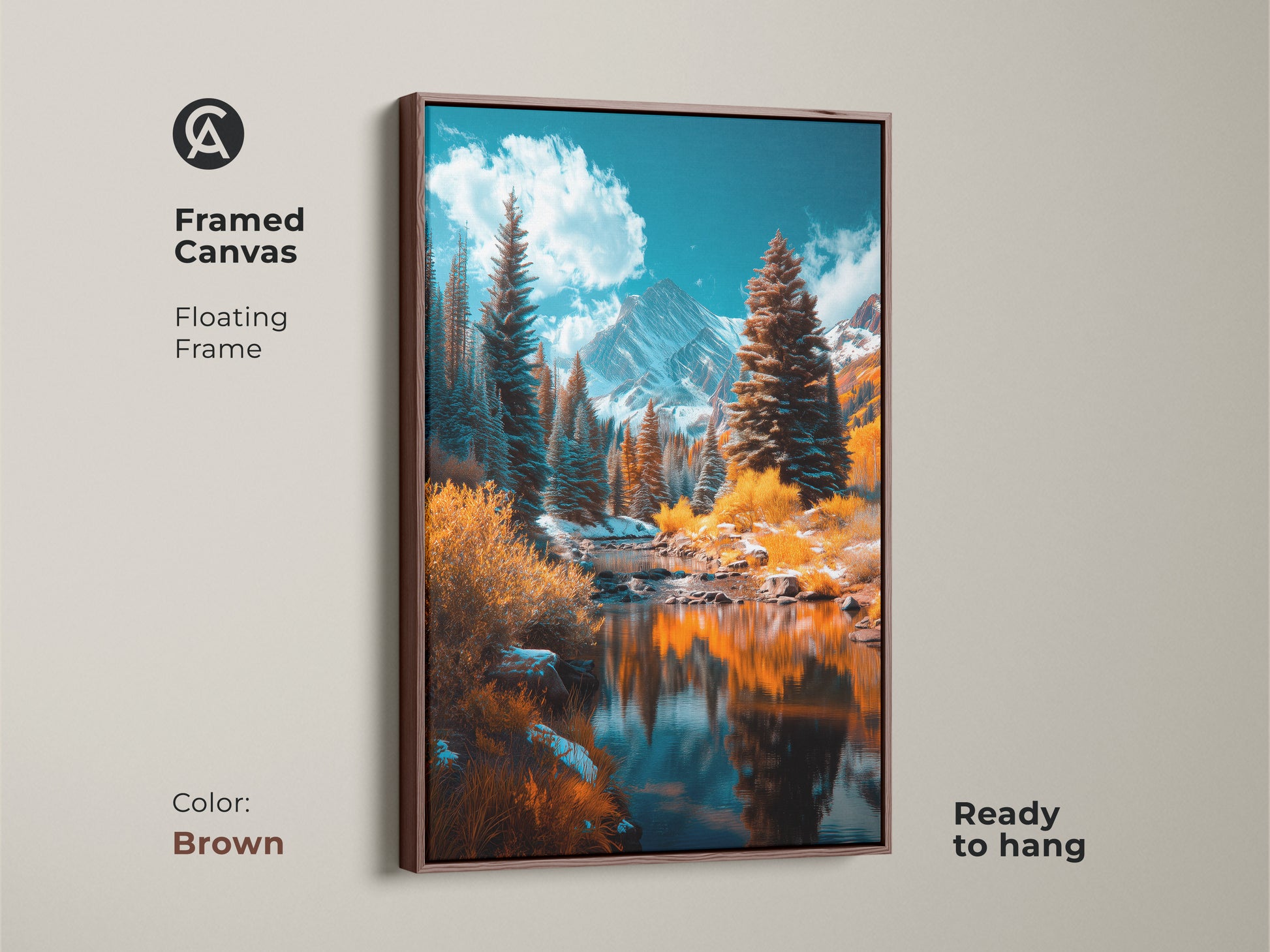 Enhance your living space with framed canvas art. The brown floating frame complements the mountain artwork beautifully. Ready to hang to create a cozy atmosphere.