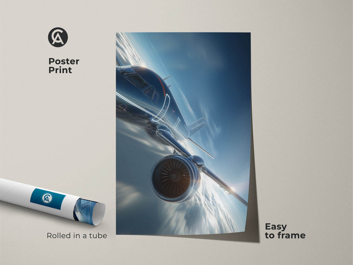Poster print of a futuristic jet rolled in a tube. This modern aviation art is easy to frame. It makes a sleek addition to any office or home. The contemporary blue and white artwork is a great gift for aviation enthusiasts.