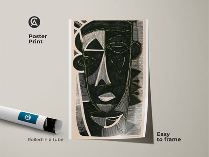 Poster print featuring dark green abstract face mask art in a minimalist portrait style. The contemporary abstract canvas comes rolled in a tube. Easy to frame this unique face artwork.
