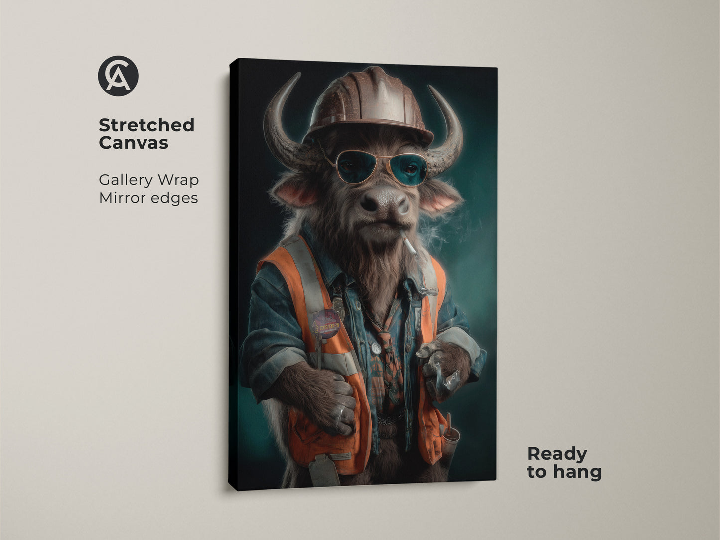 A stretched canvas features a surrealist buffalo construction worker. This gallery wrap has mirror edges and is ready to hang. This funny office wall art adds eclectic charm. The painterly animal artwork is an anthropomorphic humor print. Its a unique gift for him. The animal-themed artwork will add workplace personality to any space.