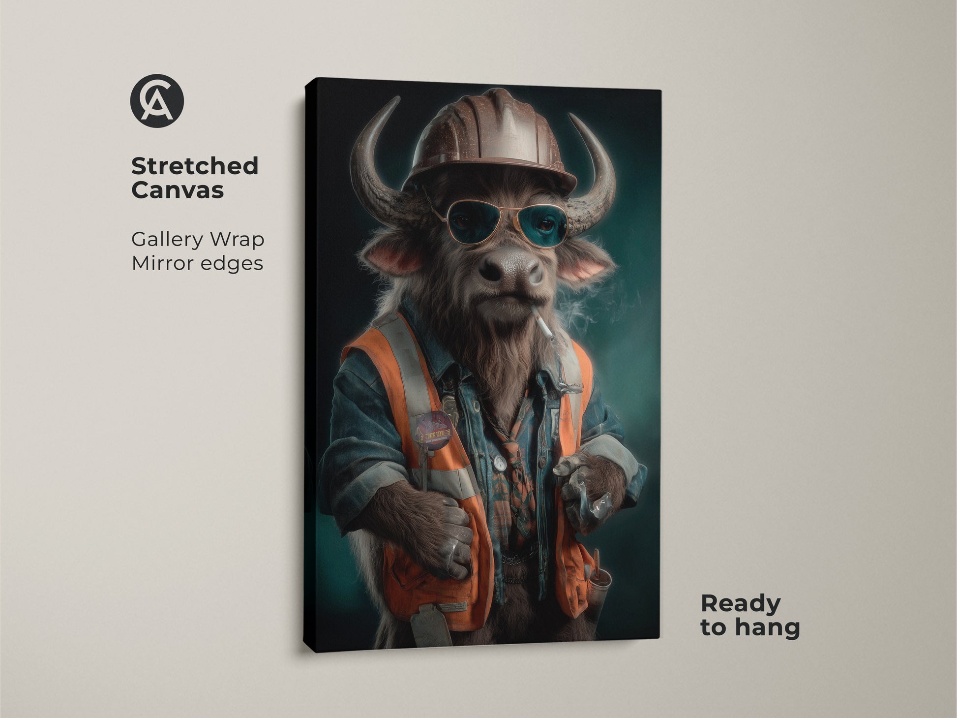 A stretched canvas features a surrealist buffalo construction worker. This gallery wrap has mirror edges and is ready to hang. This funny office wall art adds eclectic charm. The painterly animal artwork is an anthropomorphic humor print. Its a unique gift for him. The animal-themed artwork will add workplace personality to any space.