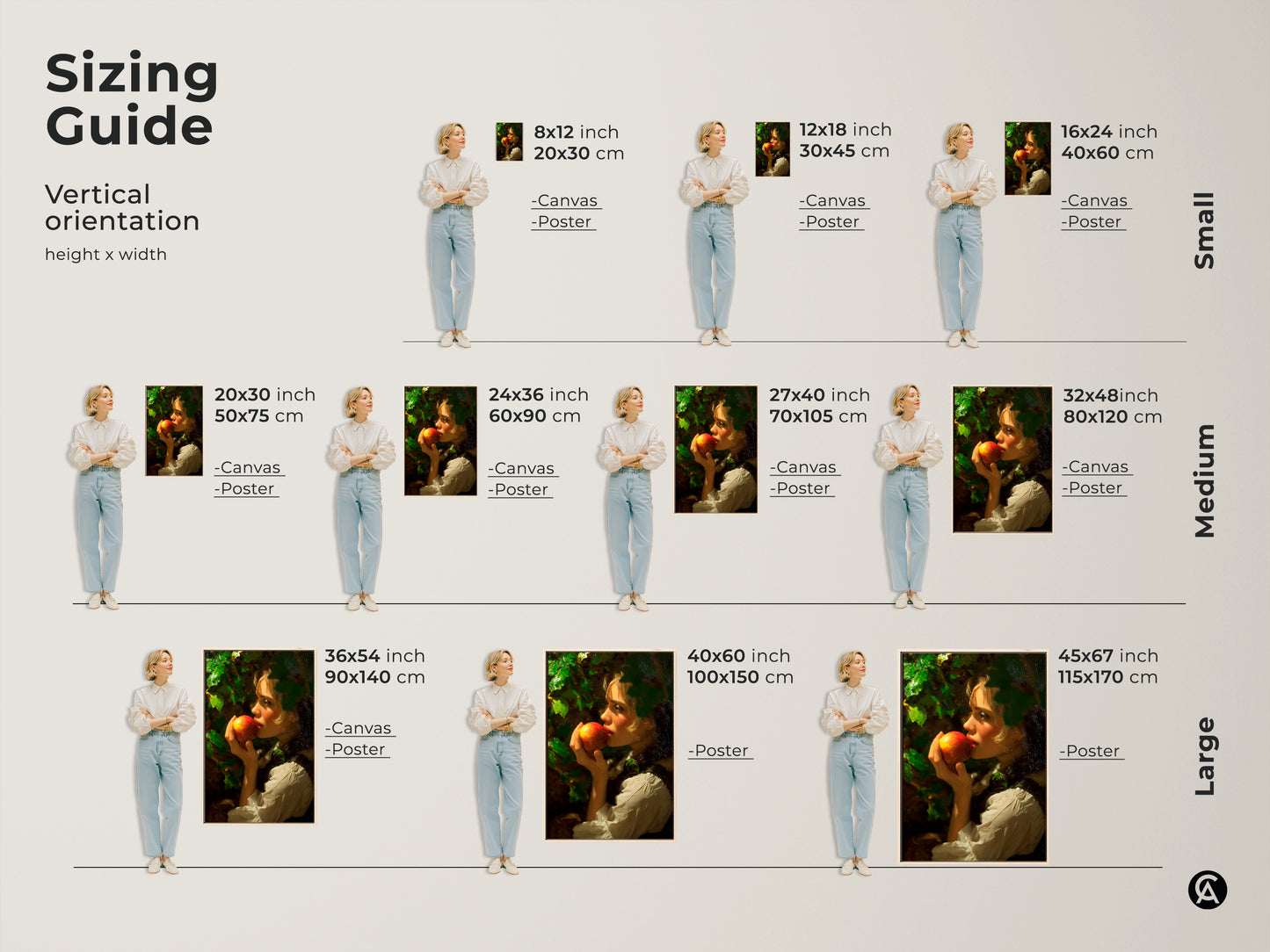 Sizing guide for the woman with apple classical realism artwork. Visualize various vertical orientations and dimensions. Select the ideal canvas or poster size to enhance your traditional home decor with this timeless art print.