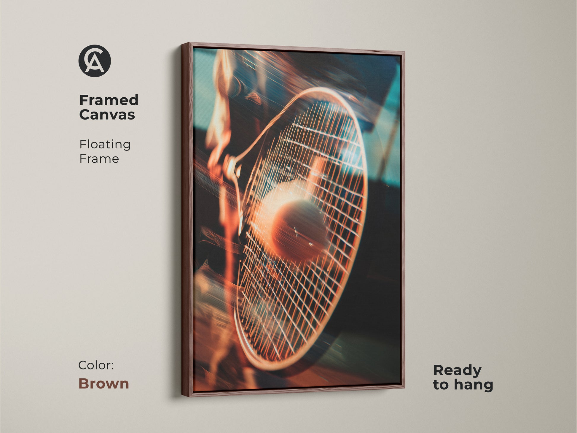Elevate your decor with this framed canvas art. The tennis racket and ball artwork features a brown floating frame. This framed sports art is ready to hang and perfect for tennis enthusiasts.