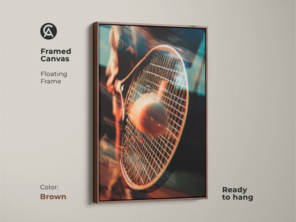 Elevate your decor with this framed canvas art. The tennis racket and ball artwork features a brown floating frame. This framed sports art is ready to hang and perfect for tennis enthusiasts.
