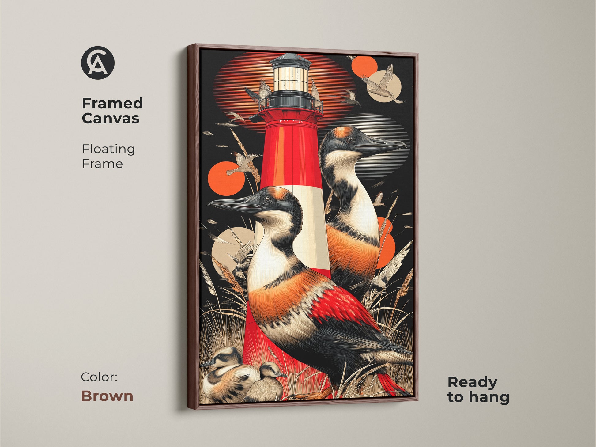 This brown framed canvas features a red lighthouse and seabirds. A coastal-themed artwork that enhances any wall. The retro red and orange art creates a captivating scene. The floating frame adds a touch of sophistication to the nautical wildlife print. This is perfect as entryway decor or for bird enthusiasts