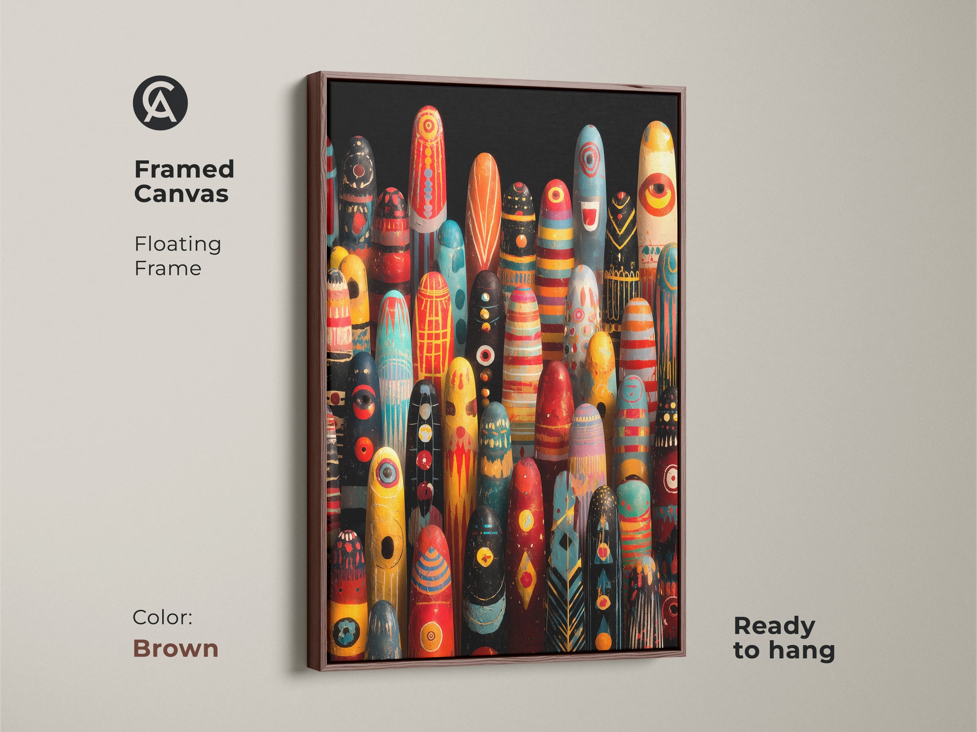 Framed canvas abstract tribal figurines wall art. Brown floating frame is ready to hang. Display red yellow and teal artwork. The unique eclectic wall art enhances your home. This tribal pattern canvas decor print complements boho style.