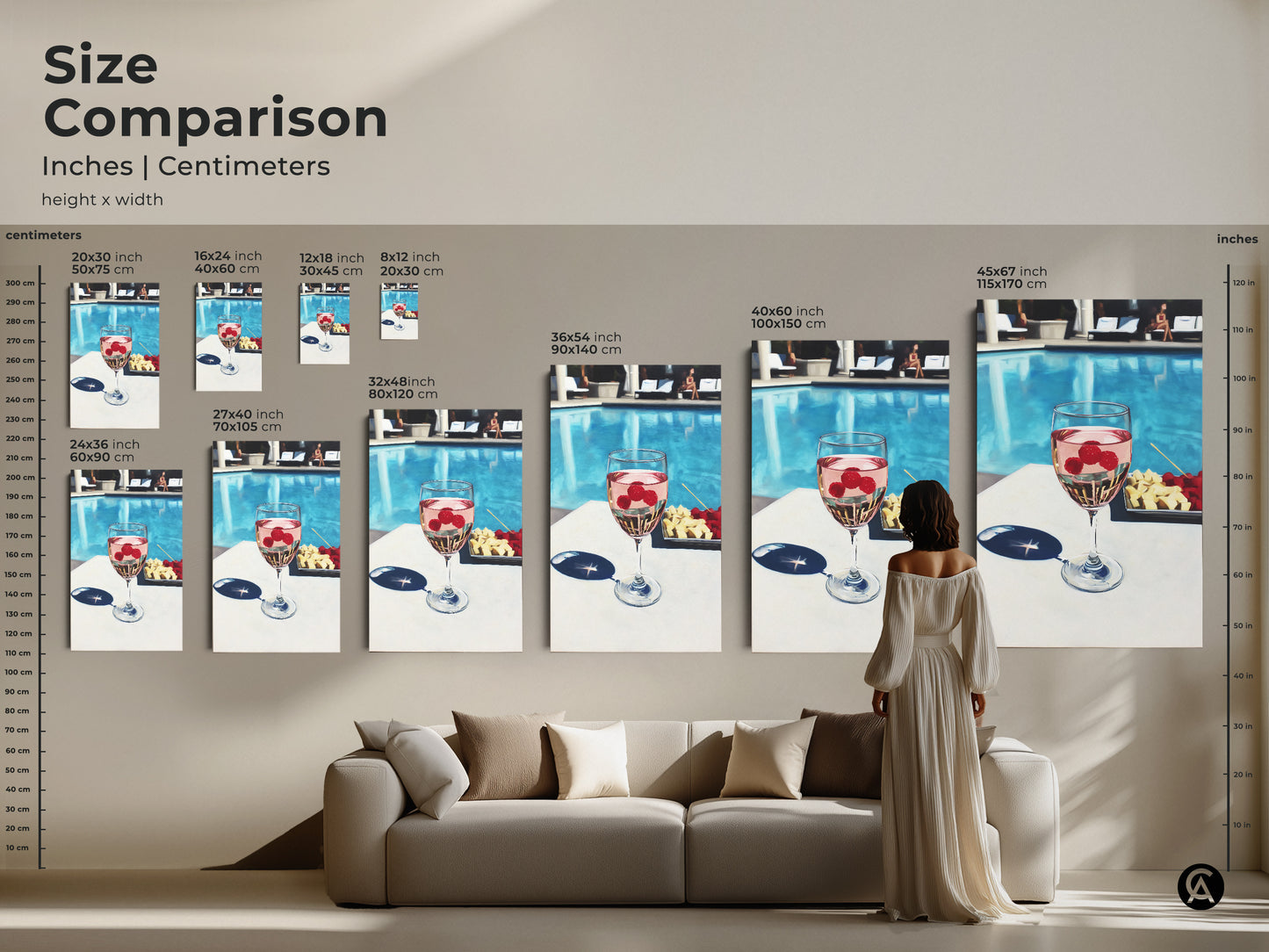 Size comparison of poolside raspberry wine artwork in inches and centimeters. See how different sizes fit above a sofa. Choose from various dimensions for canvas or poster prints. Perfect for adding a contemporary touch to your home.