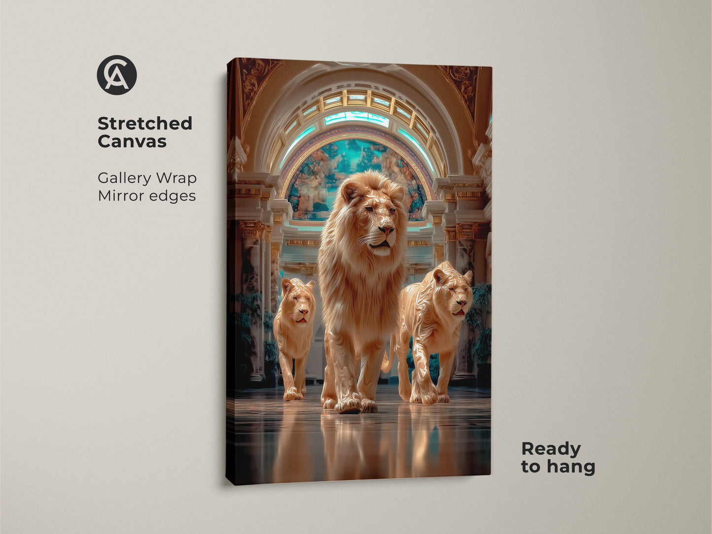 This stretched canvas features a photorealistic lion family. The gallery wrap has mirrored edges and is ready to hang. This wall artwork brings a touch of wild elegance. The beige turquoise and gold tones enhance eclectic interiors. Perfect for lion lovers this is a sophisticated housewarming gift.