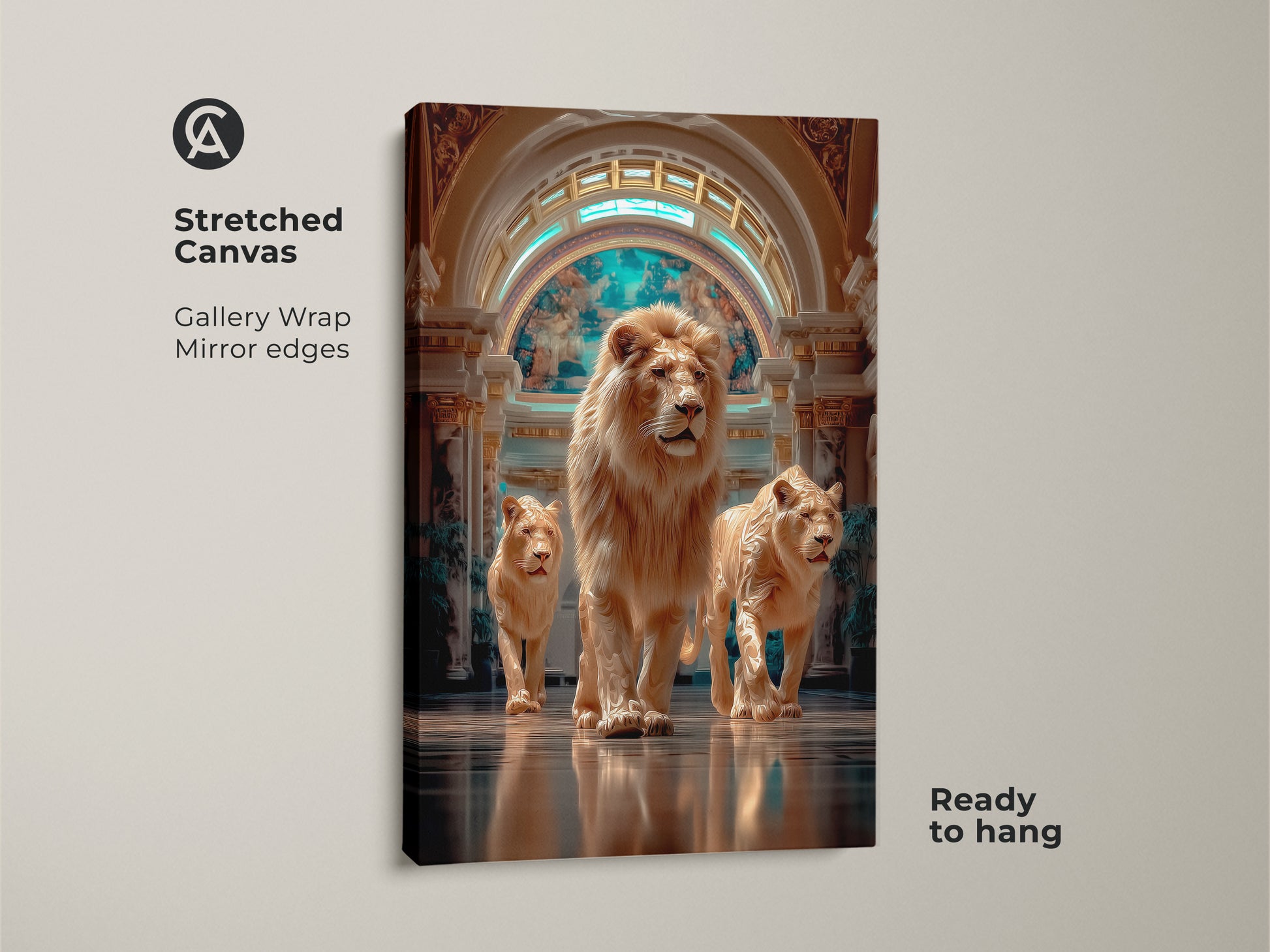 This stretched canvas features a photorealistic lion family. The gallery wrap has mirrored edges and is ready to hang. This wall artwork brings a touch of wild elegance. The beige turquoise and gold tones enhance eclectic interiors. Perfect for lion lovers this is a sophisticated housewarming gift.
