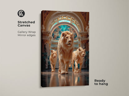 This stretched canvas features a photorealistic lion family. The gallery wrap has mirrored edges and is ready to hang. This wall artwork brings a touch of wild elegance. The beige turquoise and gold tones enhance eclectic interiors. Perfect for lion lovers this is a sophisticated housewarming gift.