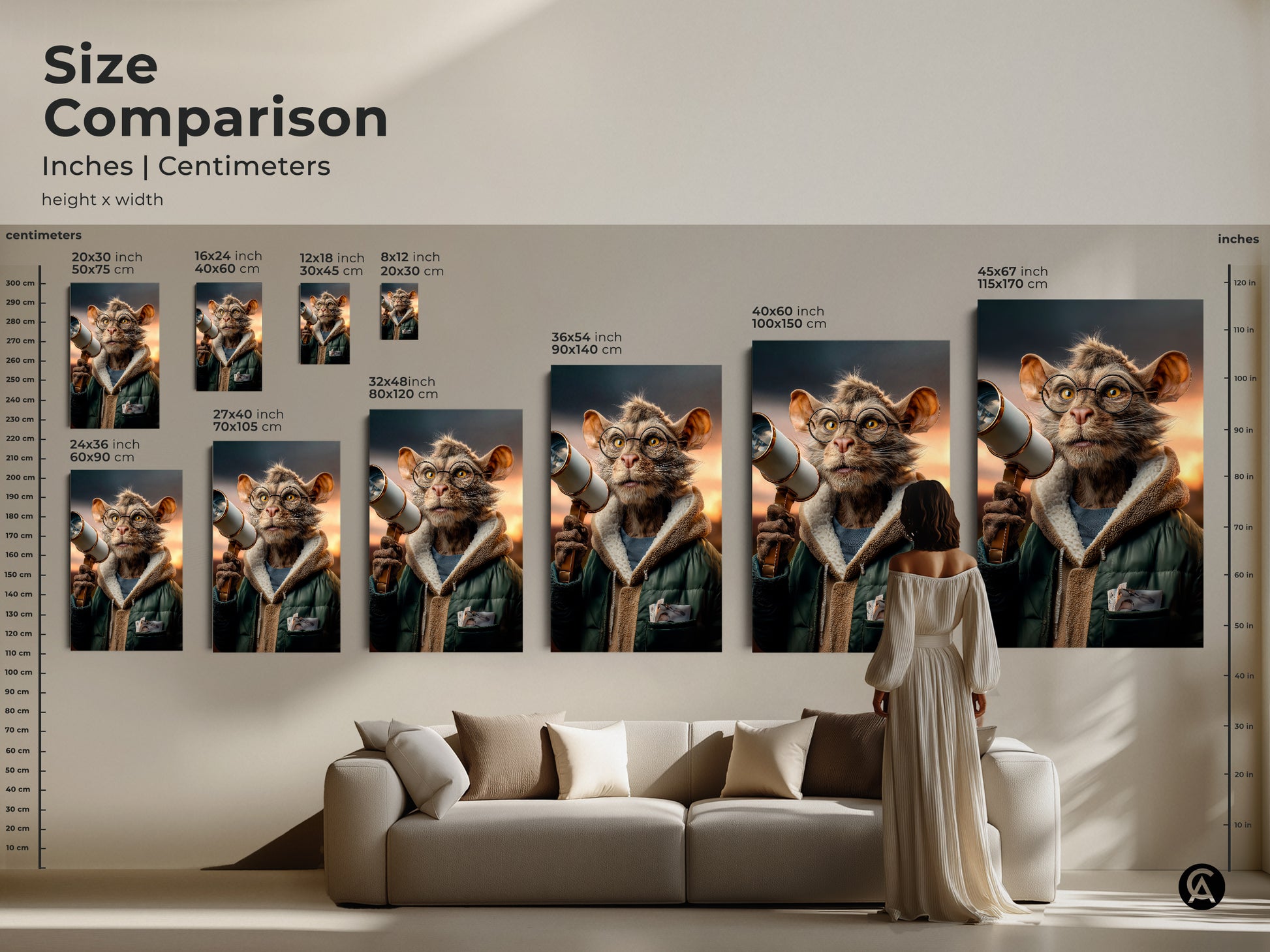 A size comparison of surreal cat artwork in inches and centimeters displayed above a sofa. This helps visualize how the animal art fits in a living space. Sizes range from 20x30 cm to 45x67 Find the ideal canvas or poster print for your home decor needs.