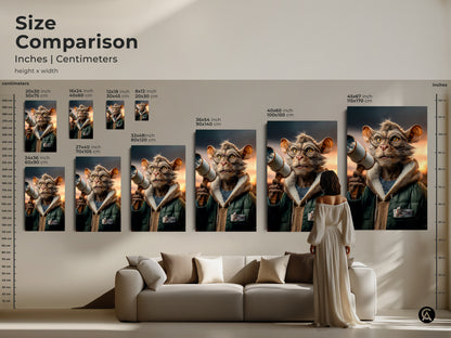 A size comparison of surreal cat artwork in inches and centimeters displayed above a sofa. This helps visualize how the animal art fits in a living space. Sizes range from 20x30 cm to 45x67 Find the ideal canvas or poster print for your home decor needs.