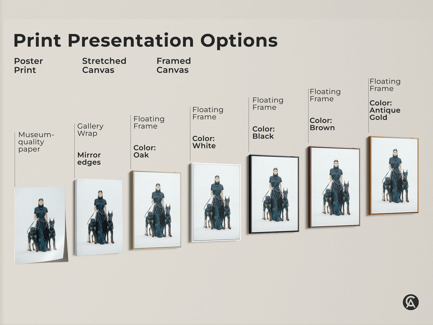 Explore print presentation options. Woman with Dobermans available as poster print stretched canvas or framed canvas. Floating frames in black brown antique gold and white. Discover museum-quality art for dog lovers.