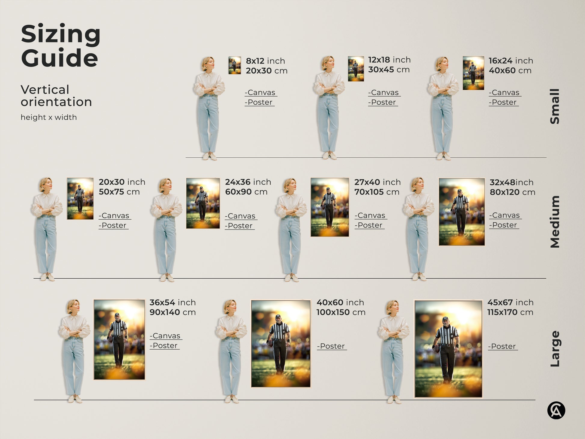Sizing guide for vertical football referee art. Available as canvas or poster. Sizes range from small to large. Find the perfect fit for your space with this dynamic sports action photography.