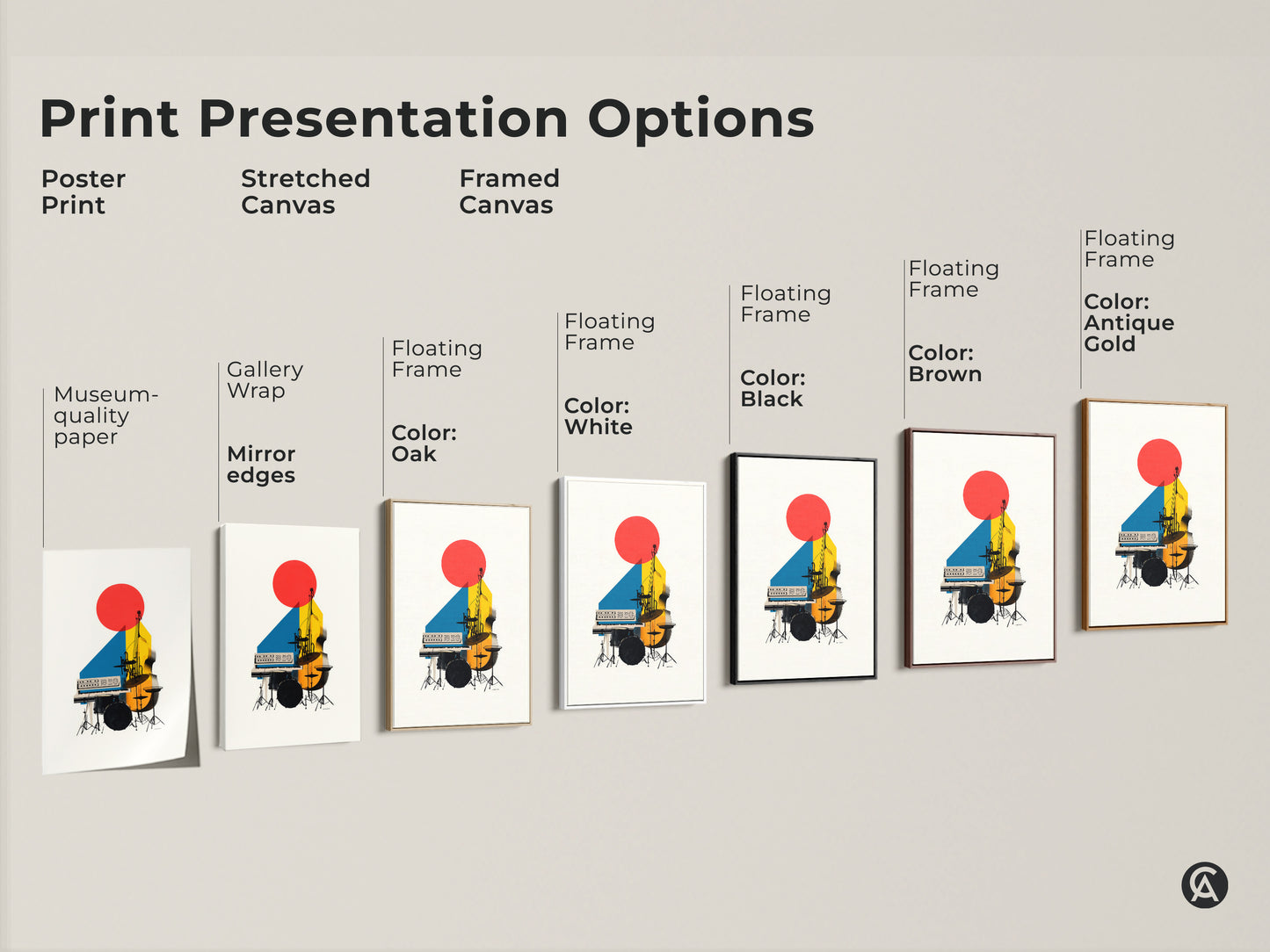 Print presentation options include a poster print stretched canvas and framed canvas. The artwork features museum-quality paper gallery wrap and floating frame in various colors.