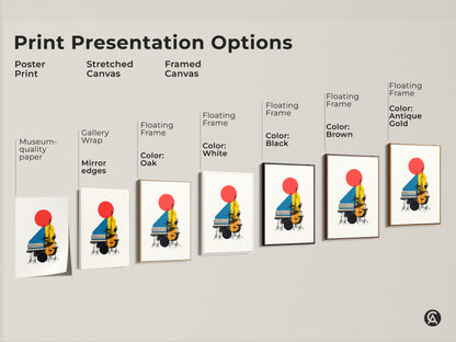 Print presentation options include a poster print stretched canvas and framed canvas. The artwork features museum-quality paper gallery wrap and floating frame in various colors.