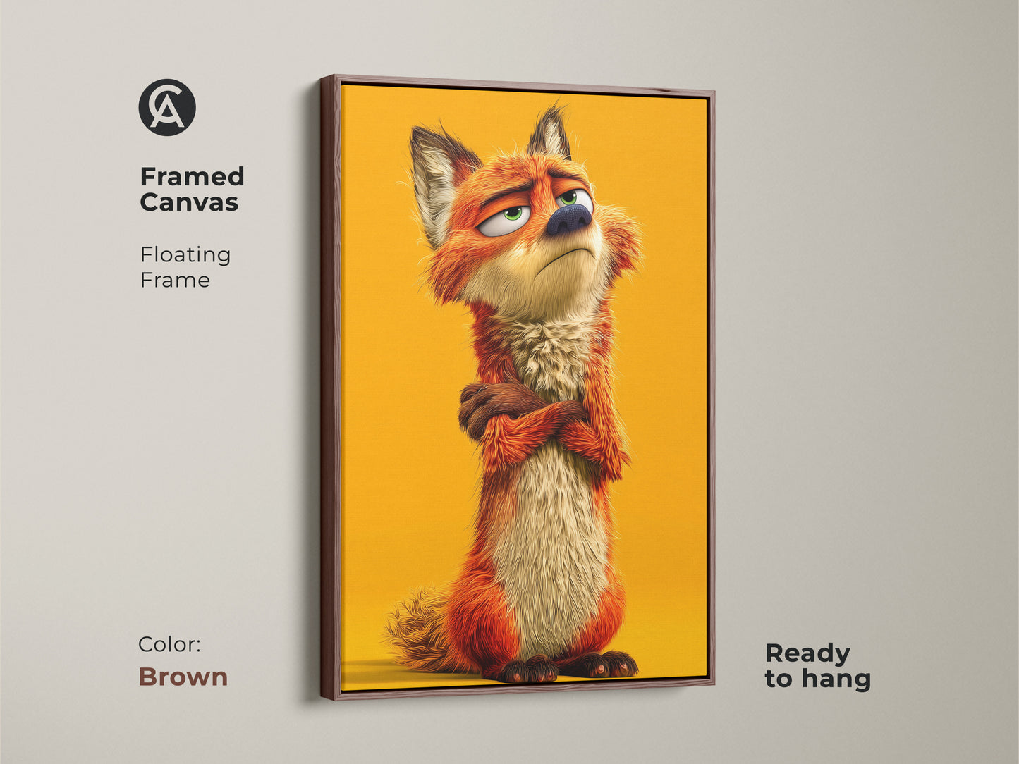 Framed canvas featuring whimsical fox artwork. The floating frame is brown and ready to hang. This cute animal character print is ideal for kids room decor. The eclectic art has an orange yellow palette.