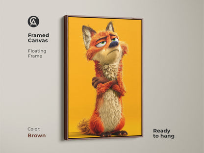 Framed canvas featuring whimsical fox artwork. The floating frame is brown and ready to hang. This cute animal character print is ideal for kids room decor. The eclectic art has an orange yellow palette.