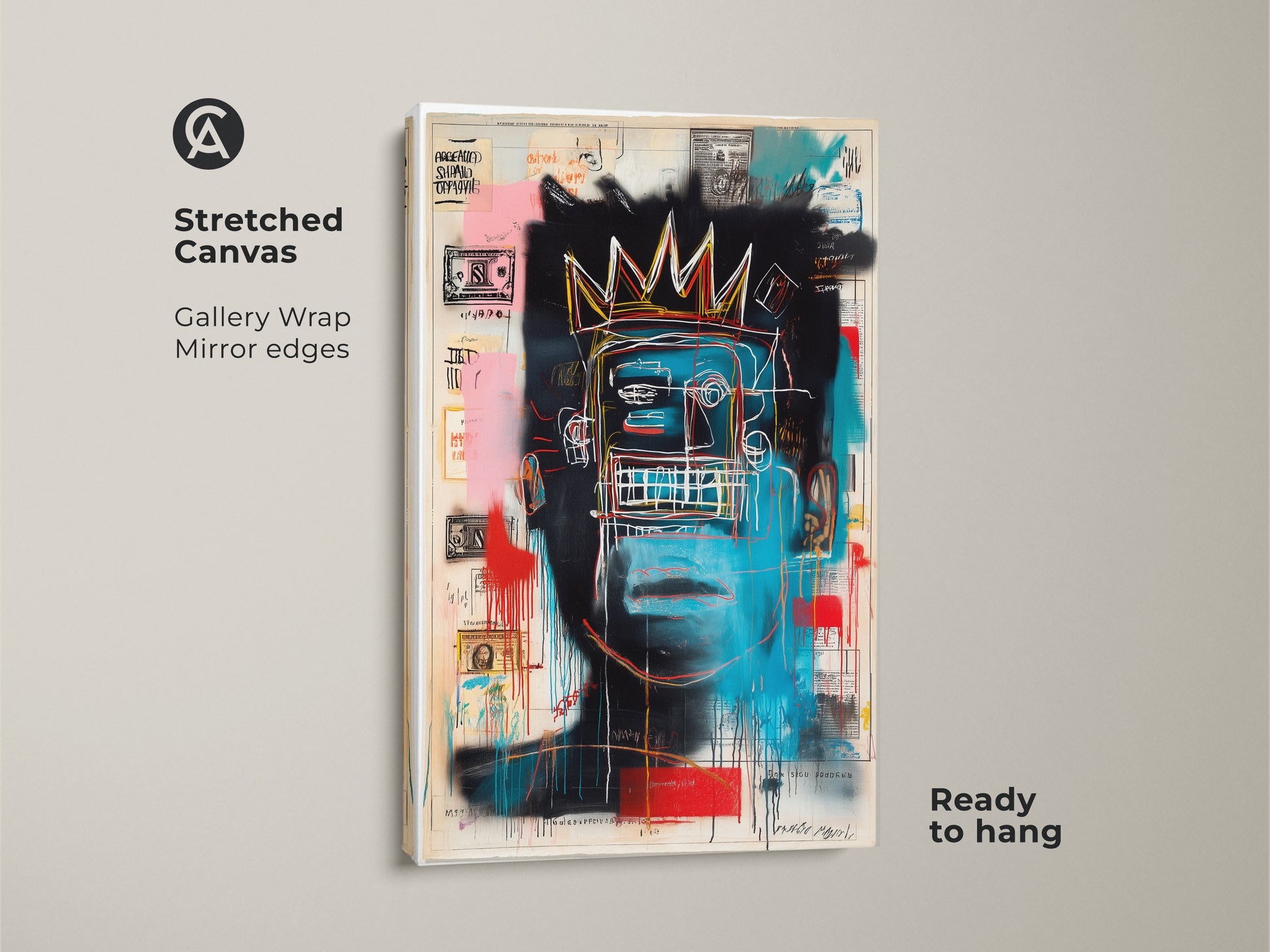 Close-up of a stretched canvas showcasing Basquiat style artwork. The gallery wrap provides a clean mirror edge. The artwork is ready to hang. The blue face and crown pop. Ideal for contemporary art lovers who want to add a statement piece. A must-have for modern interiors.
