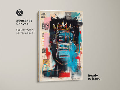 Close-up of a stretched canvas showcasing Basquiat style artwork. The gallery wrap provides a clean mirror edge. The artwork is ready to hang. The blue face and crown pop. Ideal for contemporary art lovers who want to add a statement piece. A must-have for modern interiors.