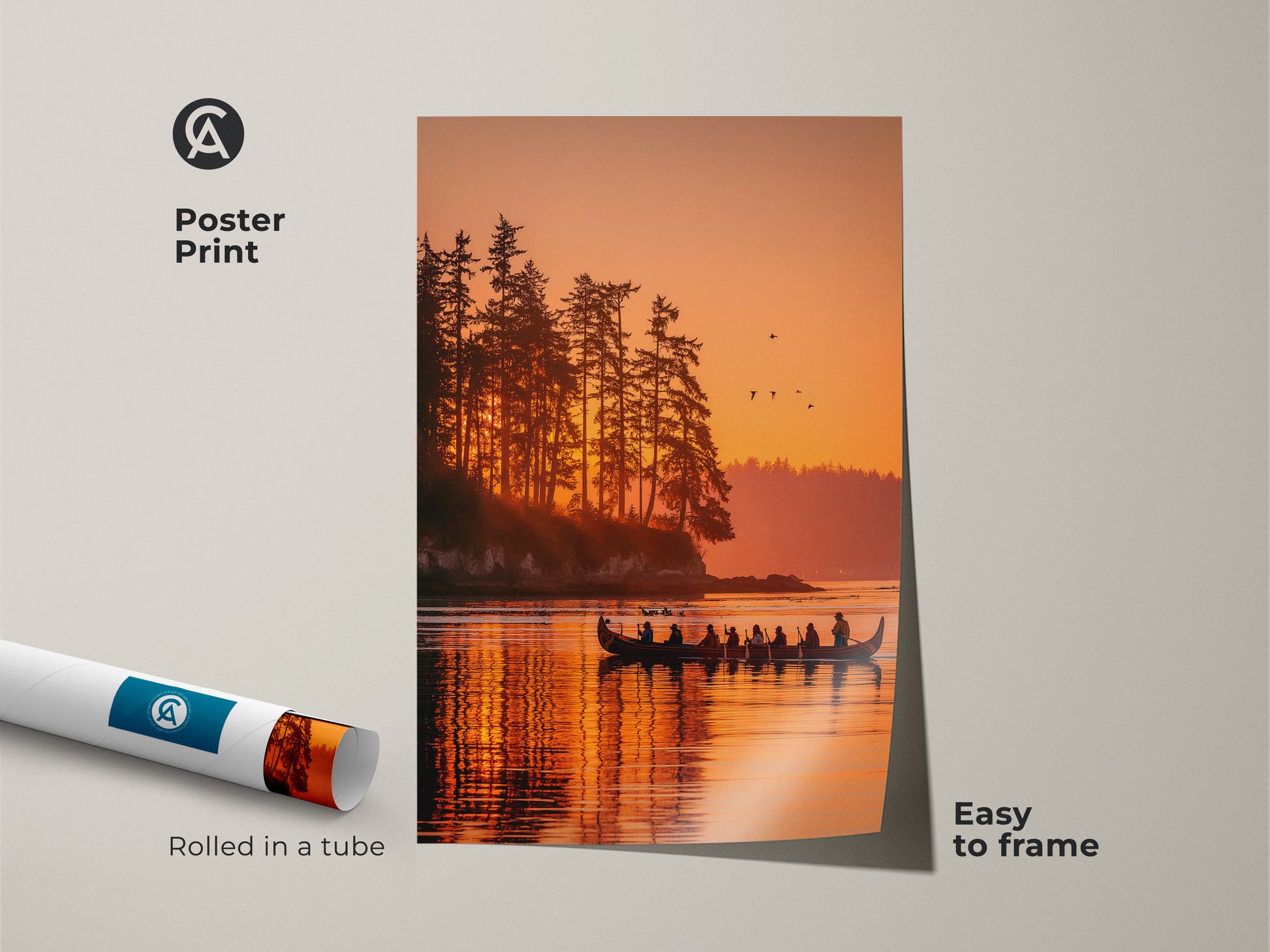 Poster print featuring a captivating sunset scene with a canoe on a calm lake. This museum-quality paper print captures the beauty of nature. It is rolled in a tube for protection during shipping. The poster is easy to frame allowing you to customize your display. Shop nature prints today.