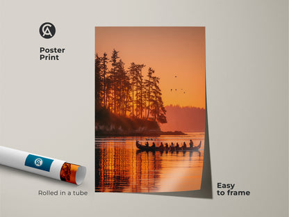 Poster print featuring a captivating sunset scene with a canoe on a calm lake. This museum-quality paper print captures the beauty of nature. It is rolled in a tube for protection during shipping. The poster is easy to frame allowing you to customize your display. Shop nature prints today.