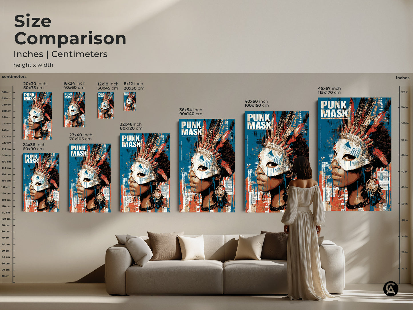 Compare sizes of the 'Punk Mask' art print in inches and centimeters. See how the tribal grunge portrait scales in a living room setting. Various sizes ensure a perfect fit for any space. The feather headdress and bold colors make it a statement piece. Choose the right size for your eclectic home decor.