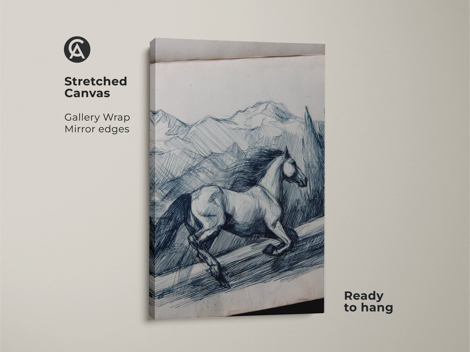 Stretched canvas print shows a line art horse in indigo mountains. Gallery wrapped with mirror edges this equestrian art is ready to hang. It brings rustic charm to any room. This animal landscape print is an ideal gift for horse lovers. Blue and white canvas art in a sketch style artwork.