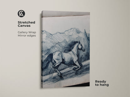 Stretched canvas print shows a line art horse in indigo mountains. Gallery wrapped with mirror edges this equestrian art is ready to hang. It brings rustic charm to any room. This animal landscape print is an ideal gift for horse lovers. Blue and white canvas art in a sketch style artwork.