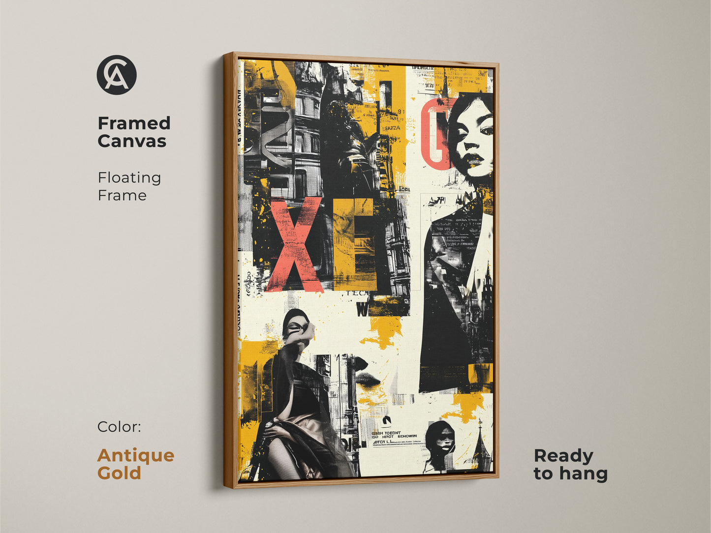 Framed Canvas of Graffiti Woman Face art. Floating frame in antique gold enhances the yellow black eclectic colors. This urban collage adds a touch of elegance to any space. Ready to hang.