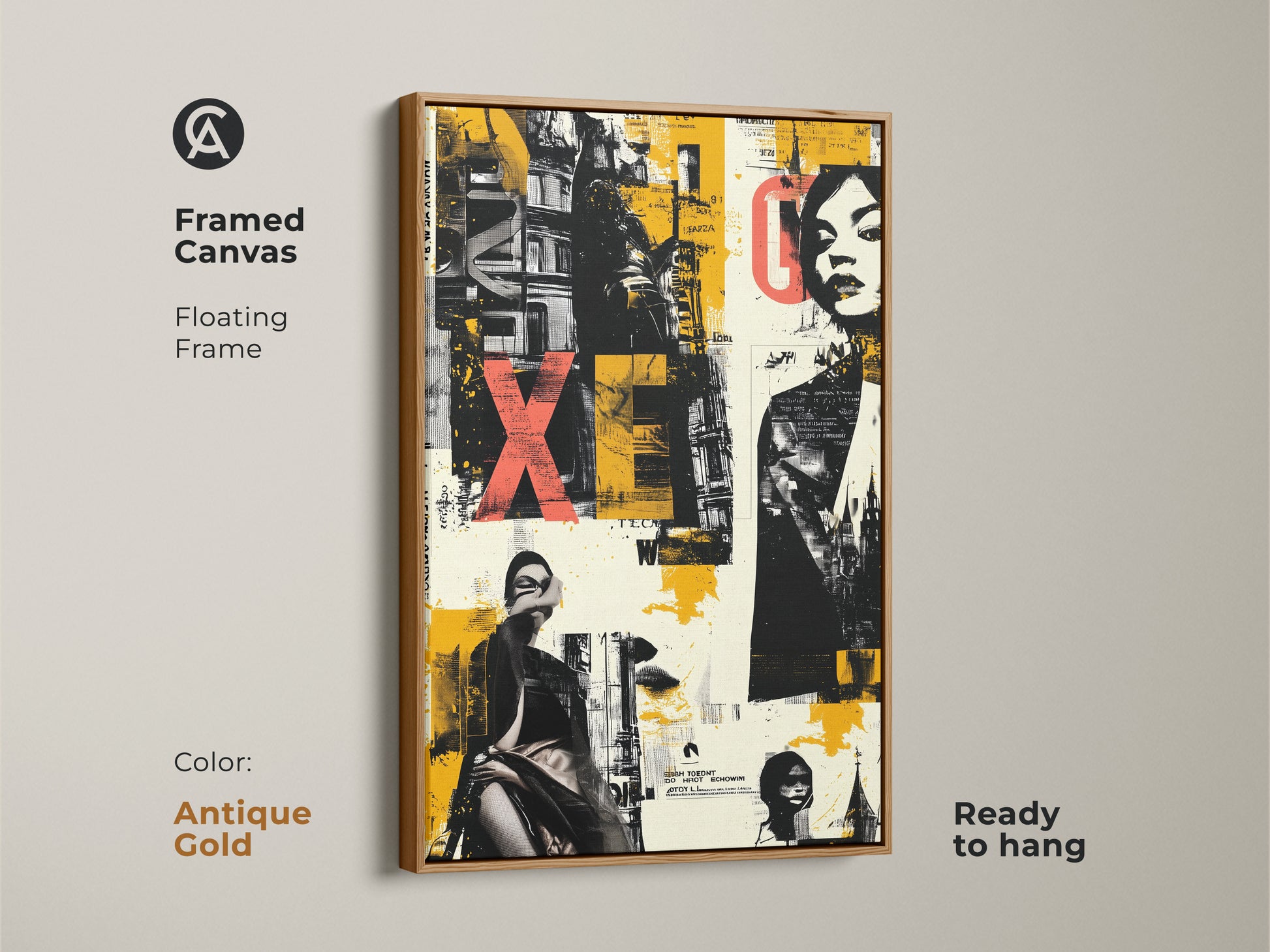 Framed Canvas of Graffiti Woman Face art. Floating frame in antique gold enhances the yellow black eclectic colors. This urban collage adds a touch of elegance to any space. Ready to hang.