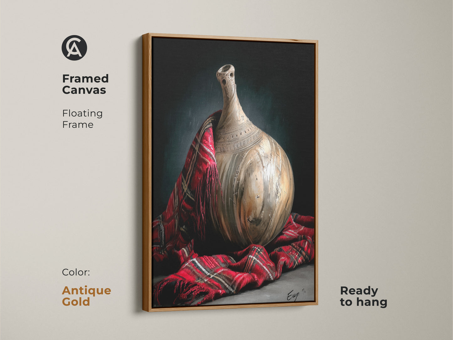 This framed canvas features pottery art with a red plaid textile in an antique gold floating frame. This traditional still life artwork brings eclectic charm to your home classic vase artwork ready to hang.