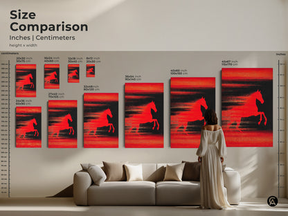Size Comparison of Abstract Horse Art Canvas and Poster Prints. See how the artwork fits above a sofa. Ranging from small to large sizes this modern animal art complements any space. Perfect for adding a contemporary touch to your home decor. This is a great gift for horse lovers.