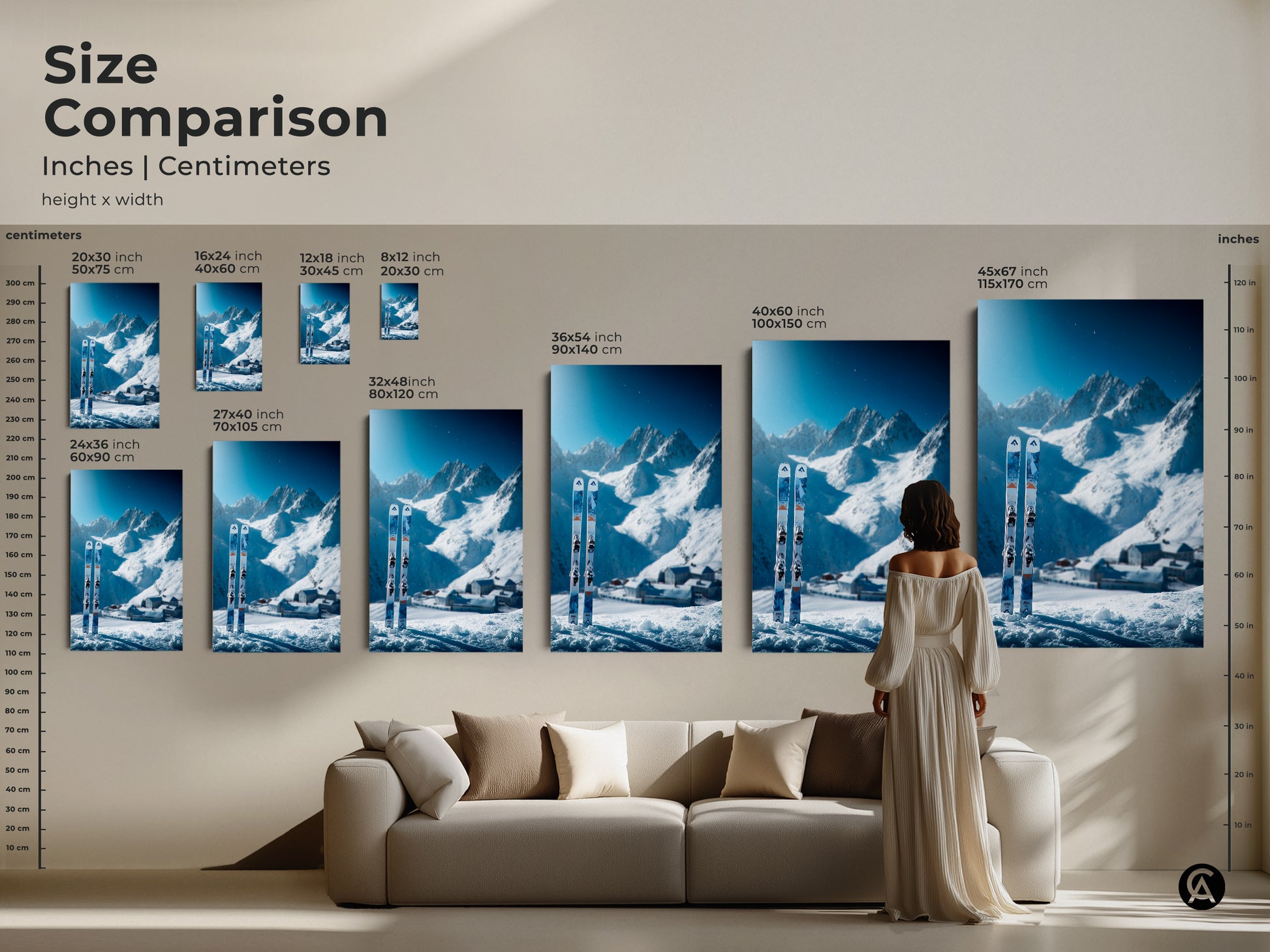 Size comparison of ski art prints. The artwork is a winter mountain scene. Sizes range from small to extra large. See how the art looks in a living room. Buy your ski art today.