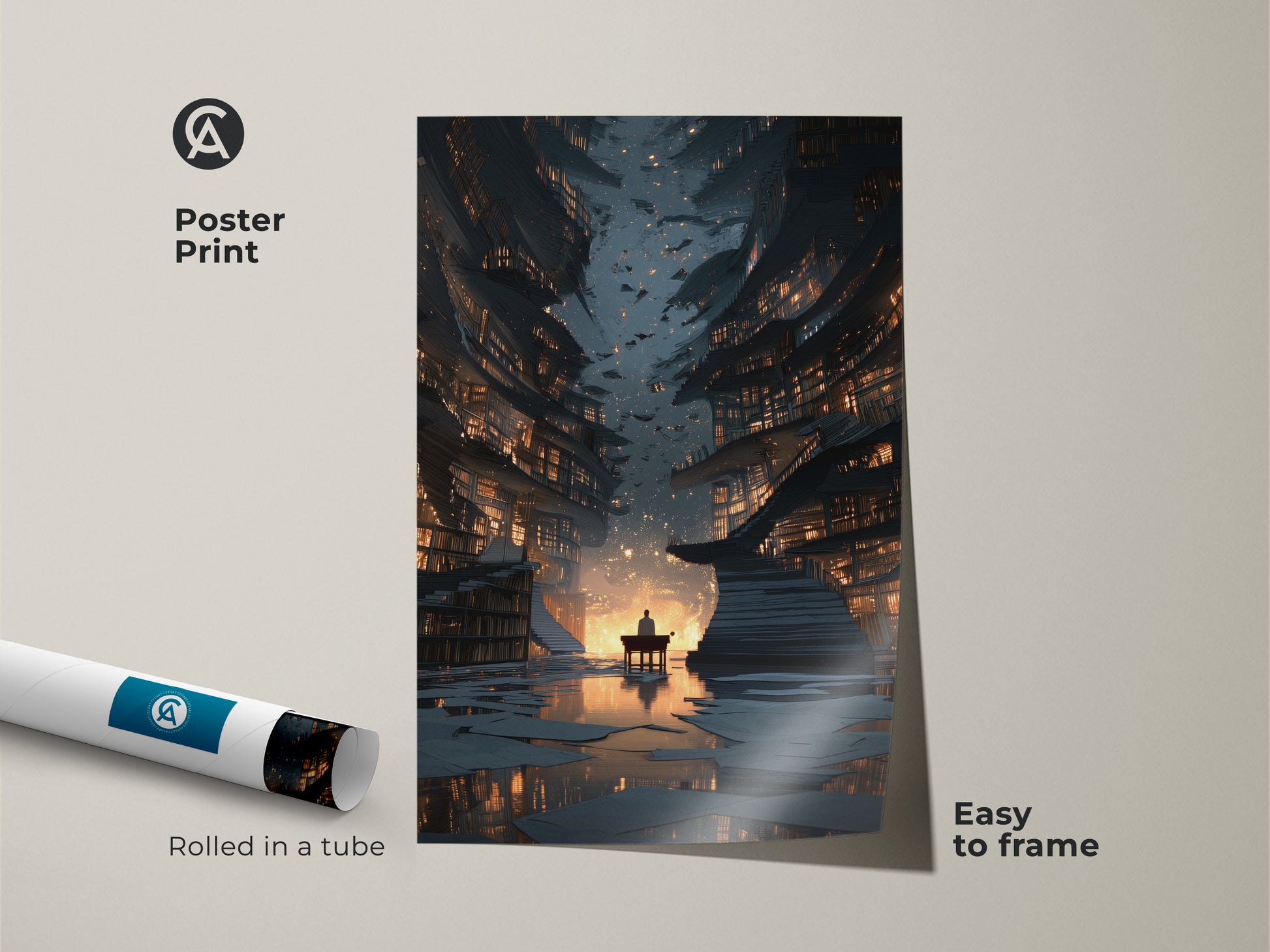 Poster print of a surreal library scene rolled in a tube. This fantasy bookstore canvas is easy to frame. The digital art print is ideal for a study. It features gold and blue tones for eclectic decor.