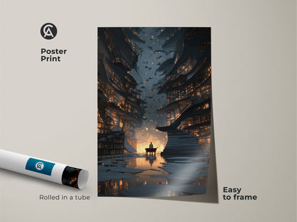Poster print of a surreal library scene rolled in a tube. This fantasy bookstore canvas is easy to frame. The digital art print is ideal for a study. It features gold and blue tones for eclectic decor.