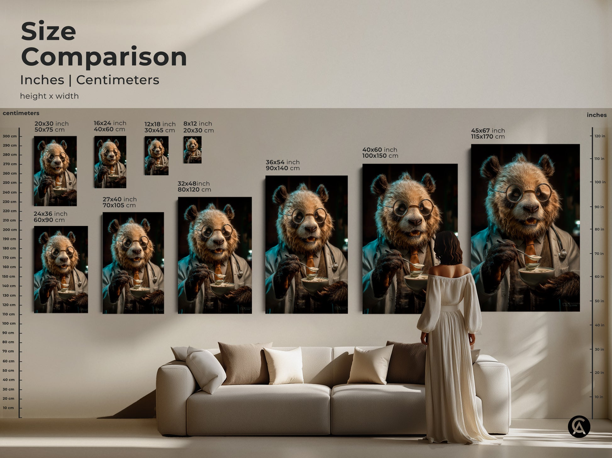 Size comparison of panda doctor art in inches and centimeters. A size guide shows the artwork in various sizes above a couch. This helps visualize how the animal character art fits in a room. Perfect as eclectic wall decor.