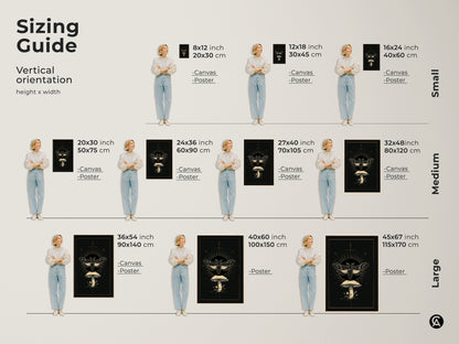 Sizing guide for vertical moth and mushroom art prints. Available in small medium and large sizes. Choose from canvas or poster options. Find the perfect fit for your space. This Gothic celestial art adds dark academia style to your home.