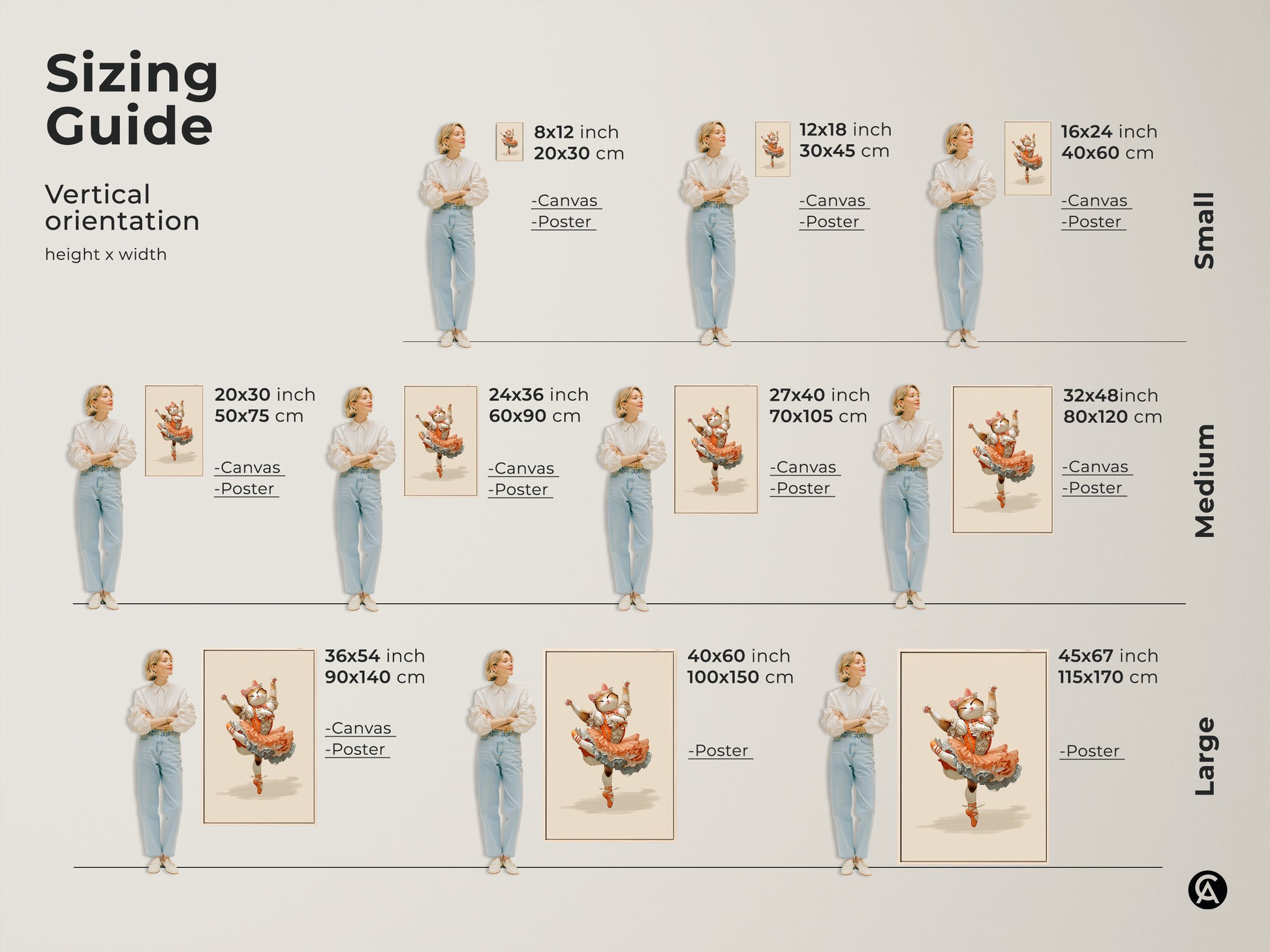 Sizing guide showcasing the vertical orientation of the orange ballerina cat art. Available as canvas and poster in small medium and large sizes. This whimsical fantasy animal canvas is perfect for adding a touch of charm to any space. A great gift for cat enthusiasts.