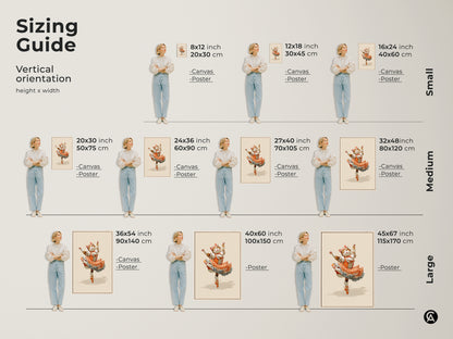 Sizing guide showcasing the vertical orientation of the orange ballerina cat art. Available as canvas and poster in small medium and large sizes. This whimsical fantasy animal canvas is perfect for adding a touch of charm to any space. A great gift for cat enthusiasts.