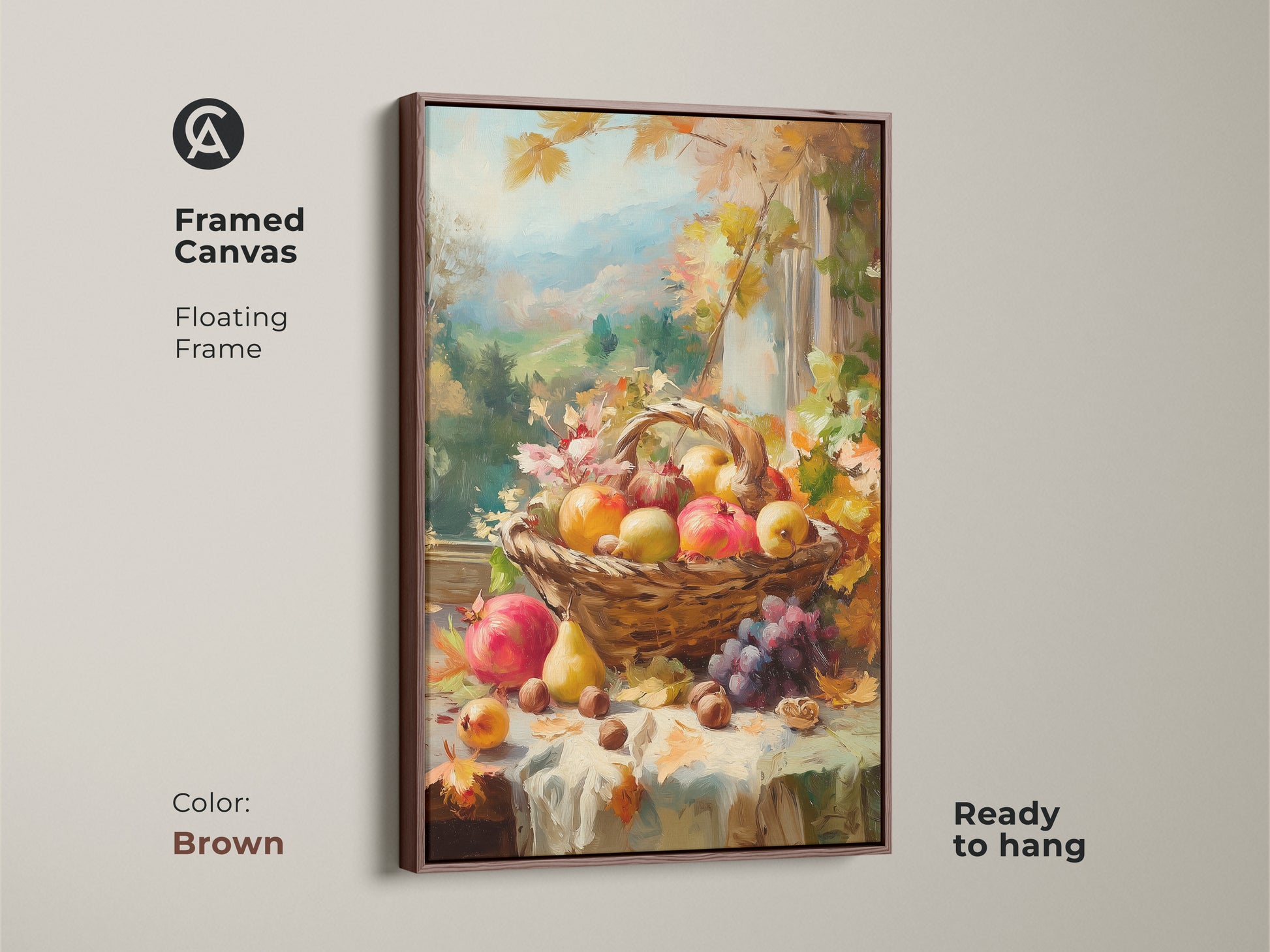 Framed canvas art print featuring a still life fruit basket. The oil painting includes apples pears grapes pomegranates & nuts. The floating frame adds an artistic touch. Ready to hang for fall harvest art in a brown frame.
