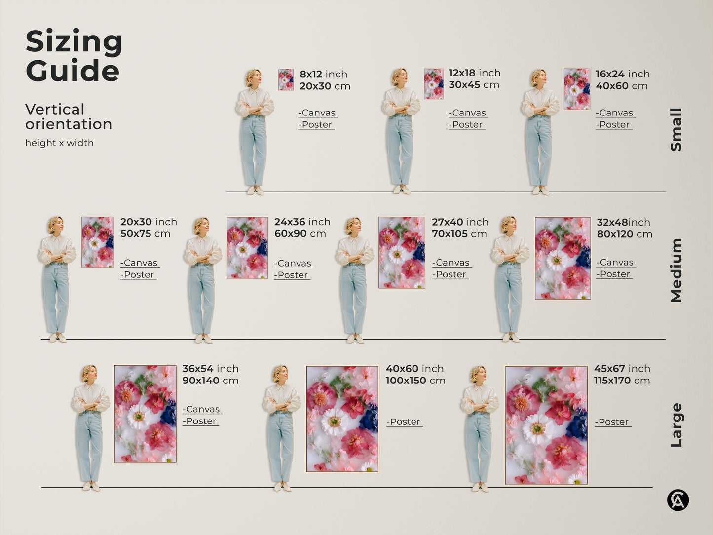 Sizing guide for modern botanical art print featuring pink and white flowers. Visualize the perfect fit for your space with canvas and poster options. Transform your bedroom with minimalist floral decor. Available in small medium and large sizes to suit any room. Find the ideal housewarming gift.